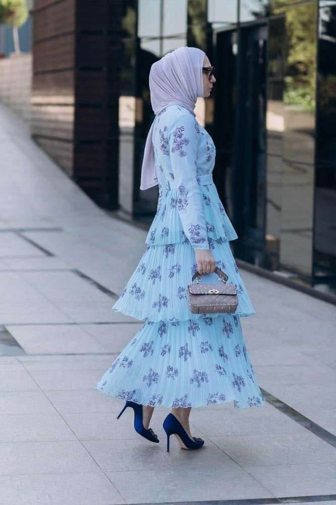 Roxieyy Tier Pleated Maxi Chiffon Dress with Long Sleeve in Blue, view 4