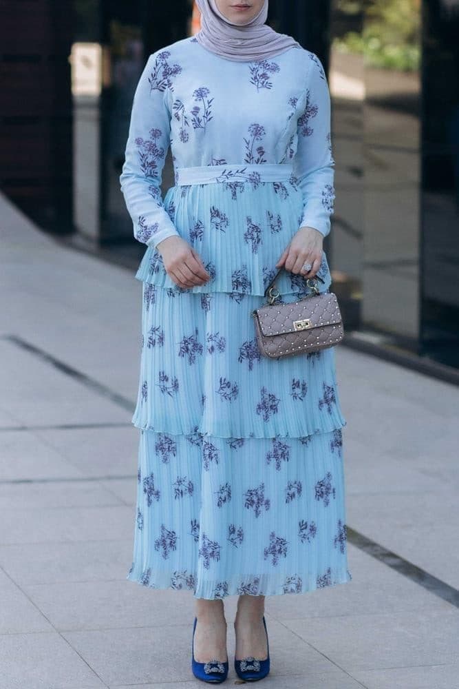 Roxieyy Tier Pleated Maxi Chiffon Dress with Long Sleeve in Blue, view 7