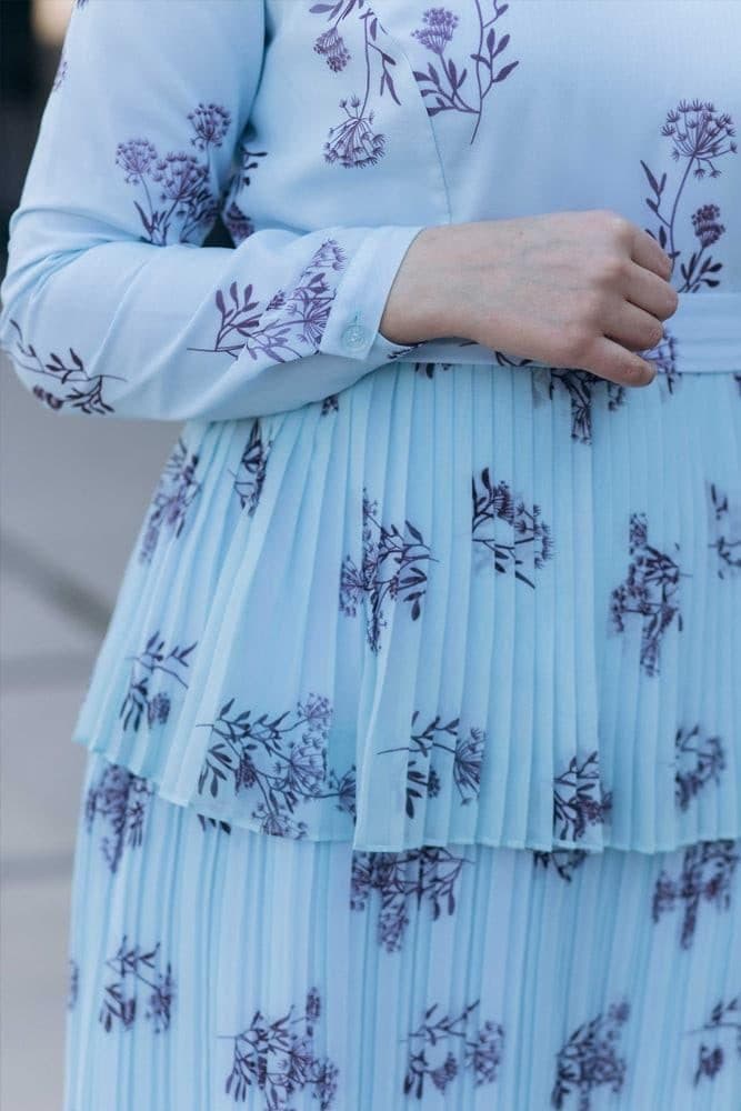 Roxieyy Tier Pleated Maxi Chiffon Dress with Long Sleeve in Blue, view 9