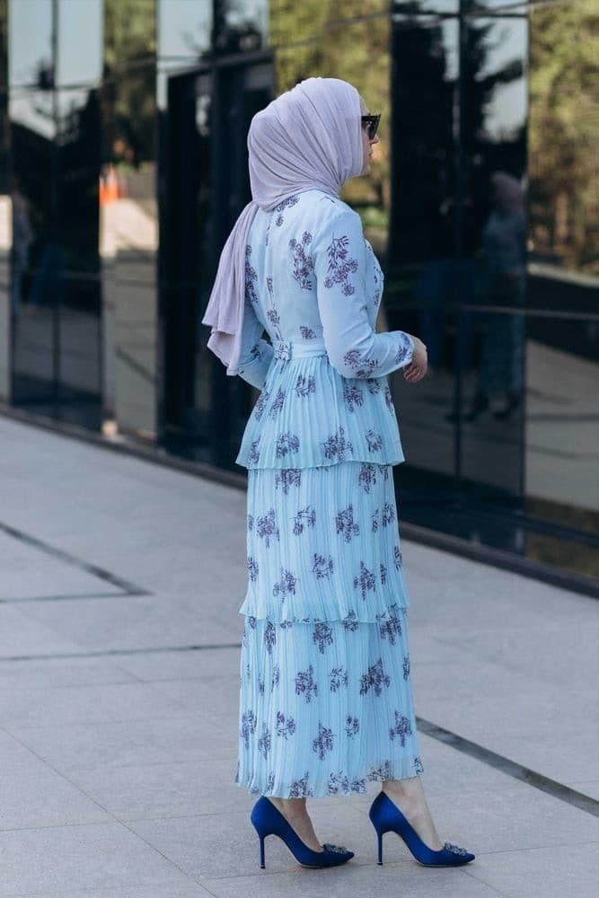 Roxieyy Tier Pleated Maxi Chiffon Dress with Long Sleeve in Blue, view 6
