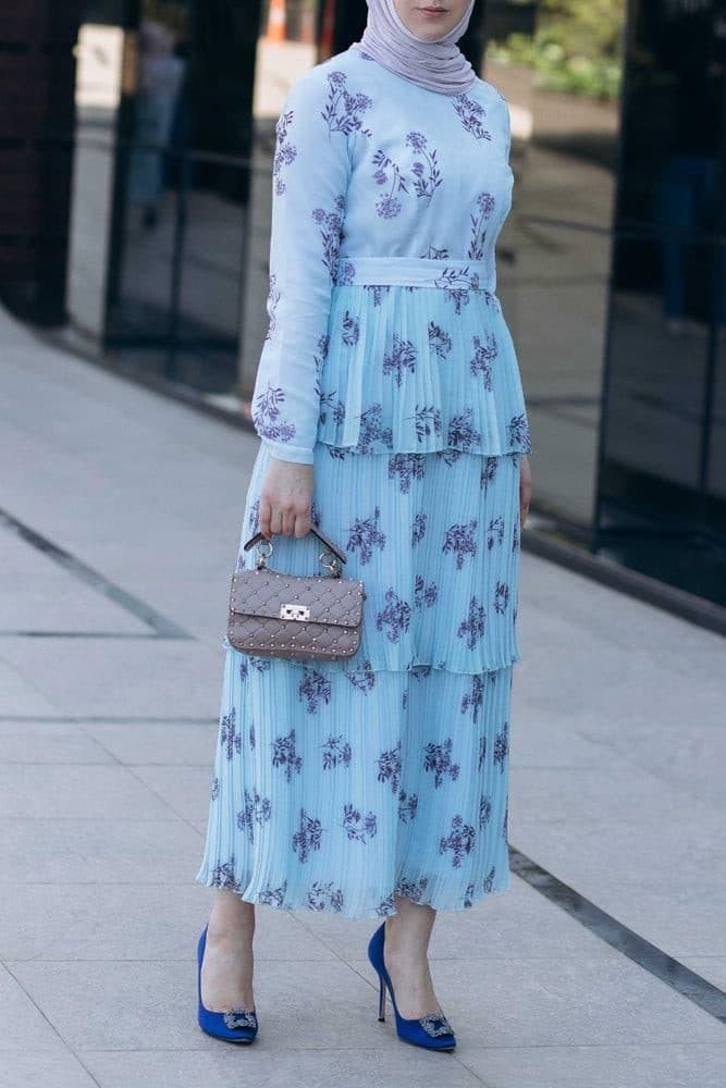 Roxieyy Tier Pleated Maxi Chiffon Dress with Long Sleeve in Blue, view 3