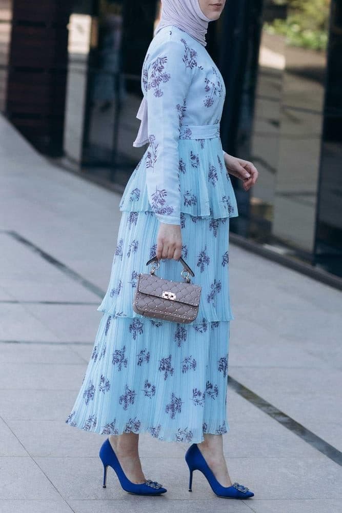 Roxieyy Tier Pleated Maxi Chiffon Dress with Long Sleeve in Blue, view 8