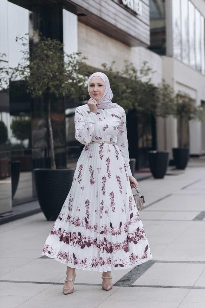 Asmaa Pleated High Collar Neck Maxi Dress in Bordeaux Floral in white, view 8
