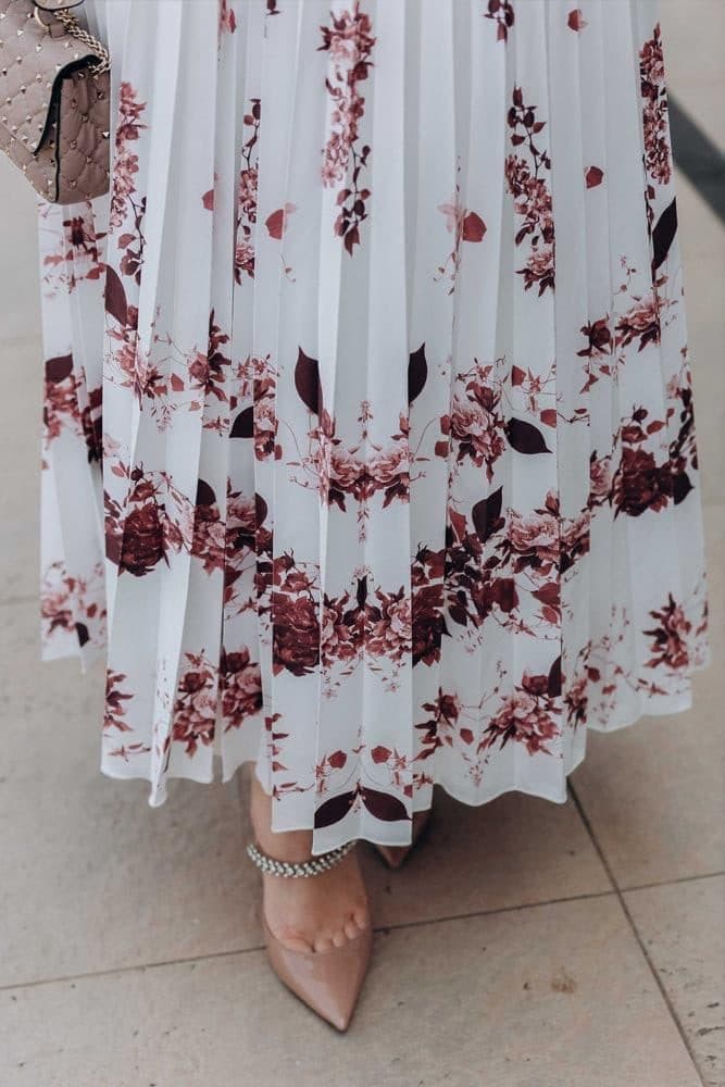 Asmaa Pleated High Collar Neck Maxi Dress in Bordeaux Floral in white, view 6