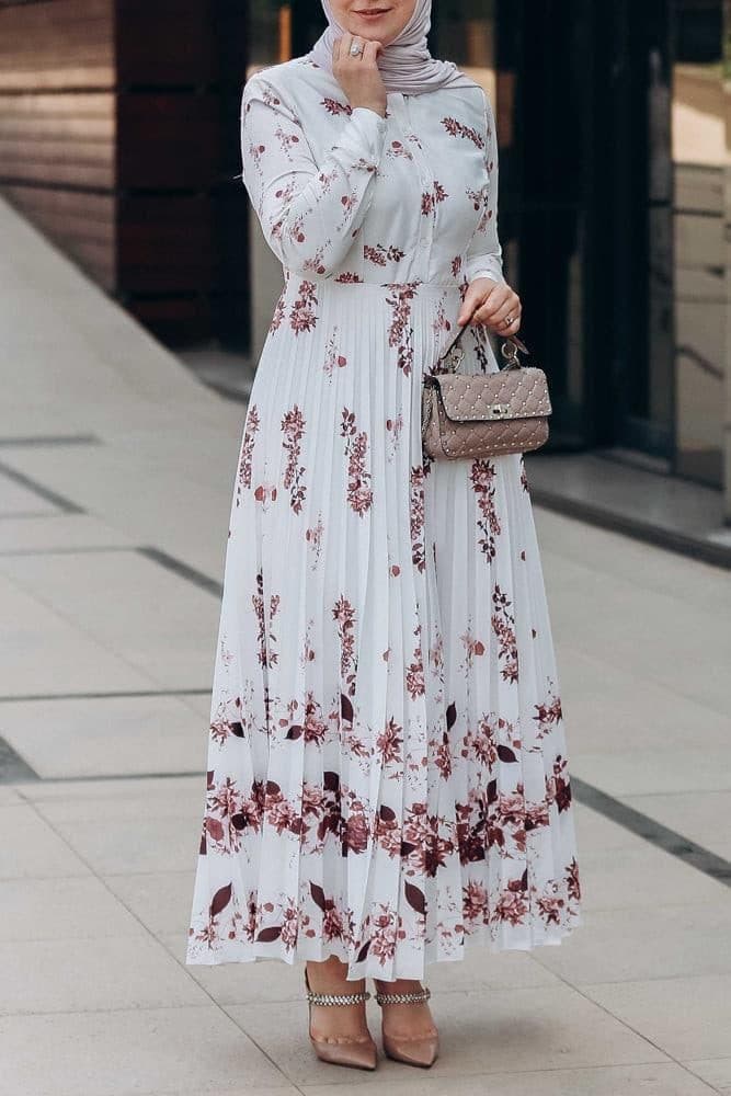 Asmaa Pleated High Collar Neck Maxi Dress in Bordeaux Floral in white, view 4