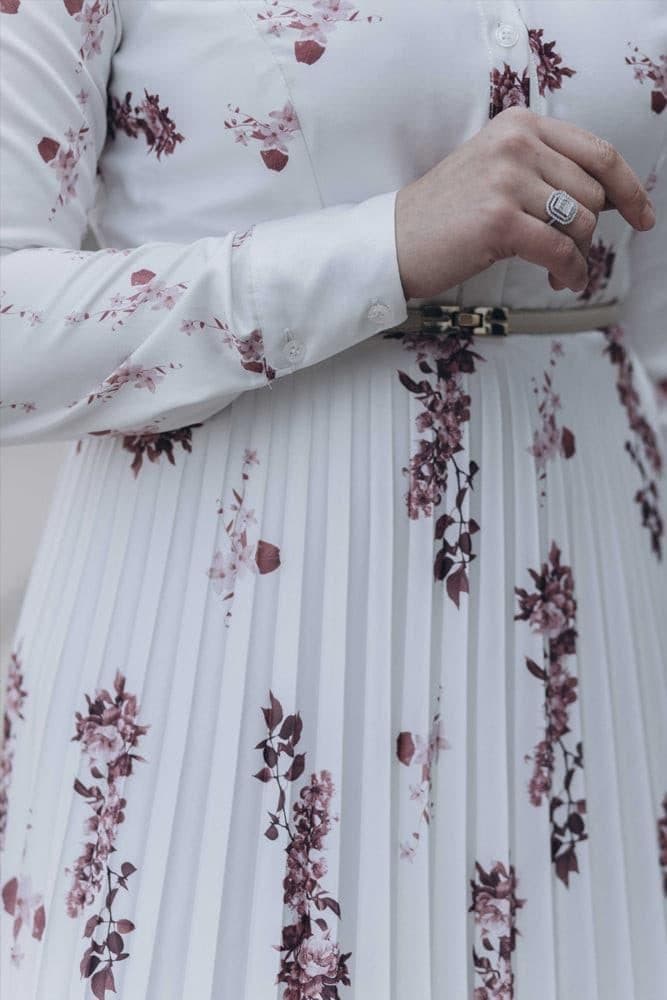 Asmaa Pleated High Collar Neck Maxi Dress in Bordeaux Floral in white, view 7