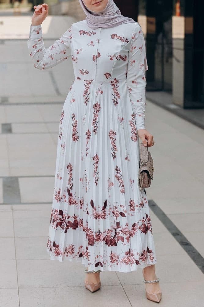 Asmaa Pleated High Collar Neck Maxi Dress in Bordeaux Floral in white, view 5