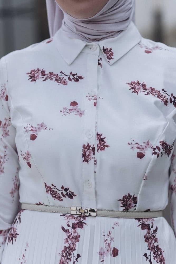 Asmaa Pleated High Collar Neck Maxi Dress in Bordeaux Floral in white, view 3