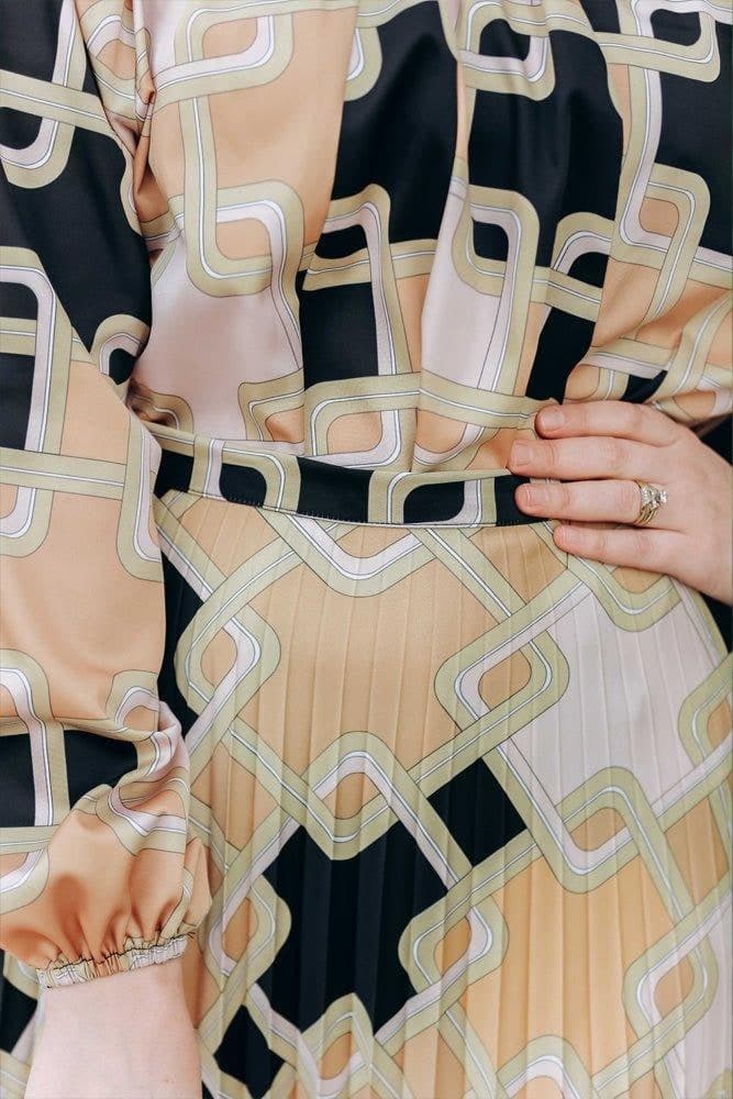 Eadiee Set with Top and Satin Pleated Maxi Skirt in Geo Print in yellow, view 5