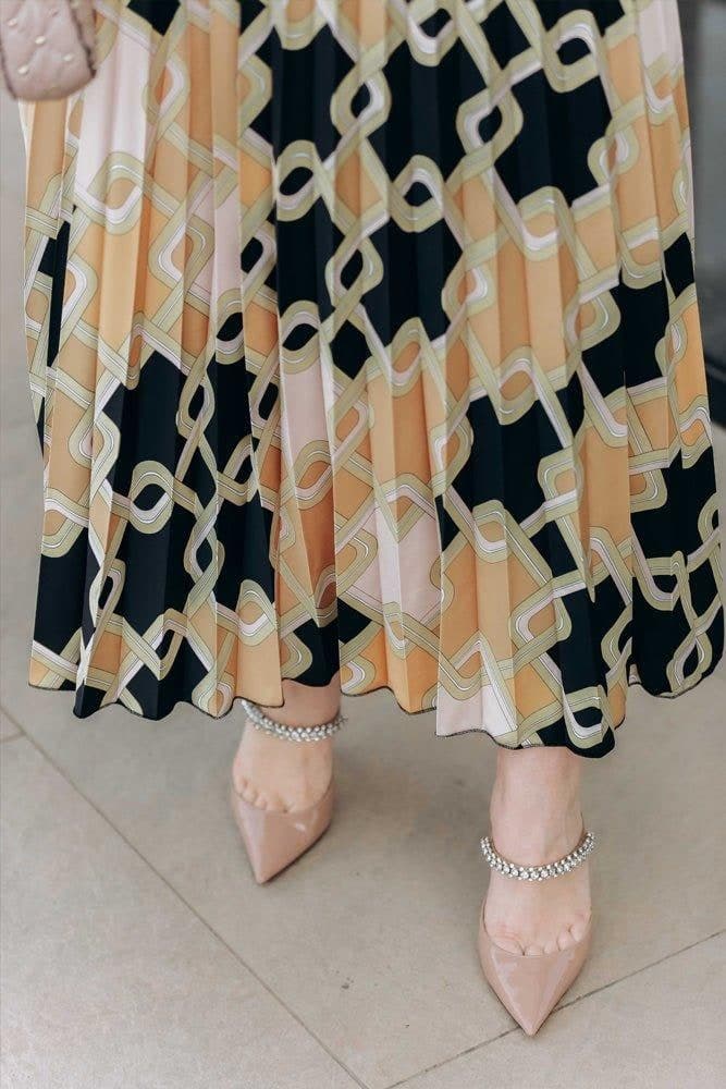 Eadiee Set with Top and Satin Pleated Maxi Skirt in Geo Print in yellow, view 3