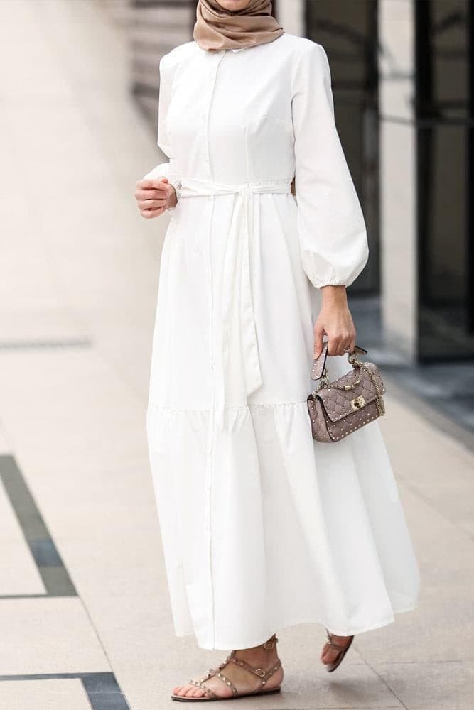 Livela Collar Neck Button Through Tiered Maxi Dress with a Detachable Belt in White, view 4