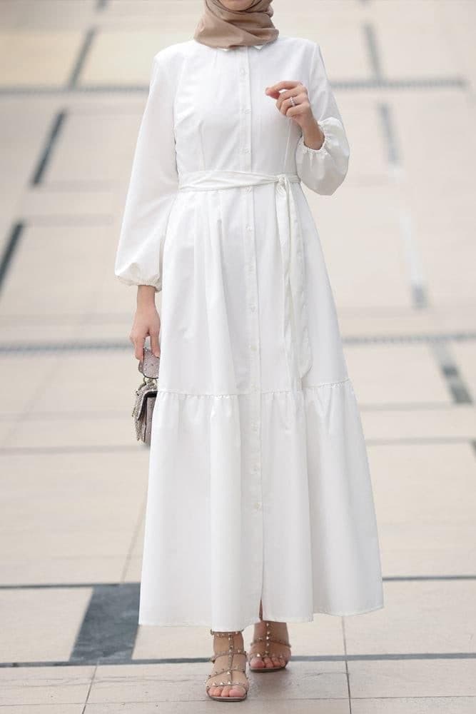 Livela Collar Neck Button Through Tiered Maxi Dress with a Detachable Belt in White, view 3