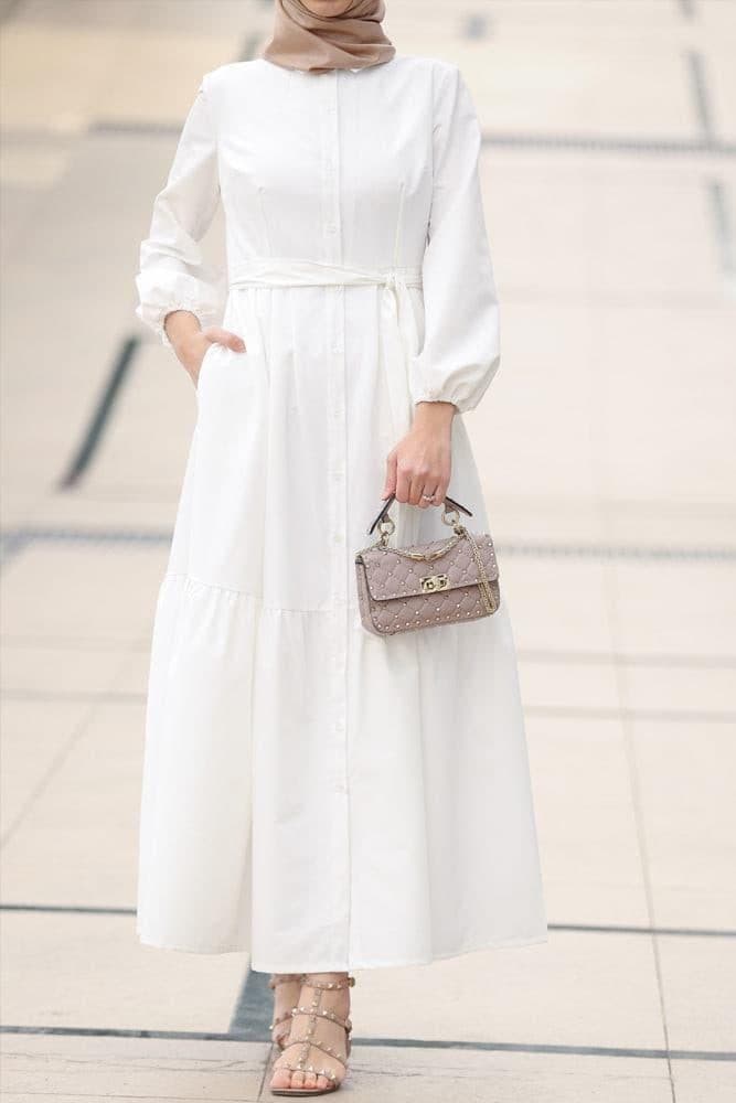 Livela Collar Neck Button Through Tiered Maxi Dress with a Detachable Belt in White, view 5