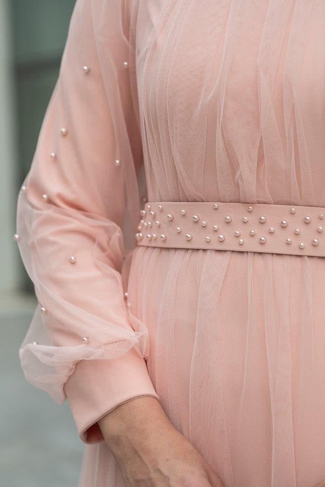 Amerie Maxi Tulle Dress with Long Sleeve in Beige in pink, view 14