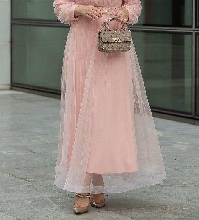 Amerie Maxi Tulle Dress with Long Sleeve in Beige in pink, view 11