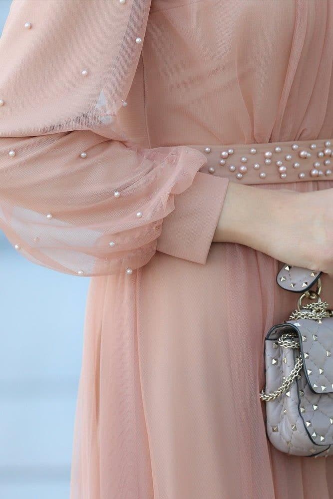 Amerie Maxi Tulle Dress with Long Sleeve in Beige in pink, view 10