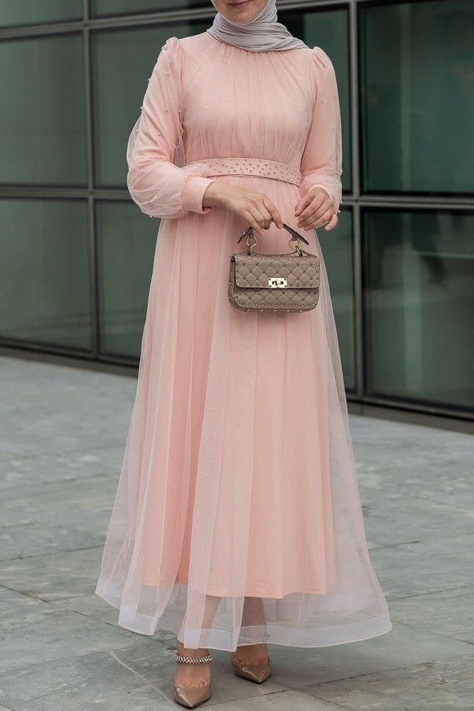 Amerie Maxi Tulle Dress with Long Sleeve in Beige in pink, view 12