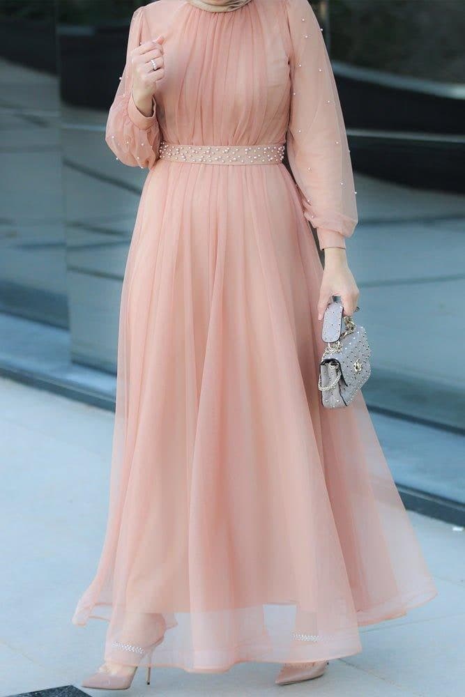 Amerie Maxi Tulle Dress with Long Sleeve in Beige in pink, view 7