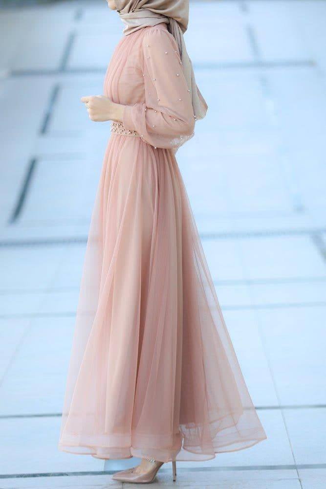 Amerie Maxi Tulle Dress with Long Sleeve in Beige in pink, view 5