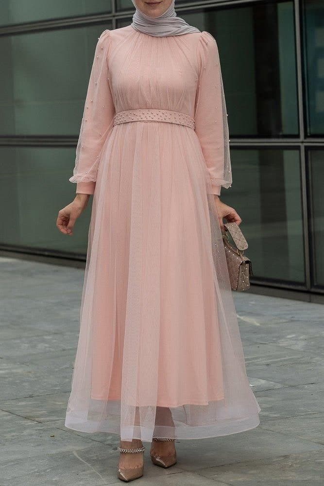 Amerie Maxi Tulle Dress with Long Sleeve in Beige in pink, view 3