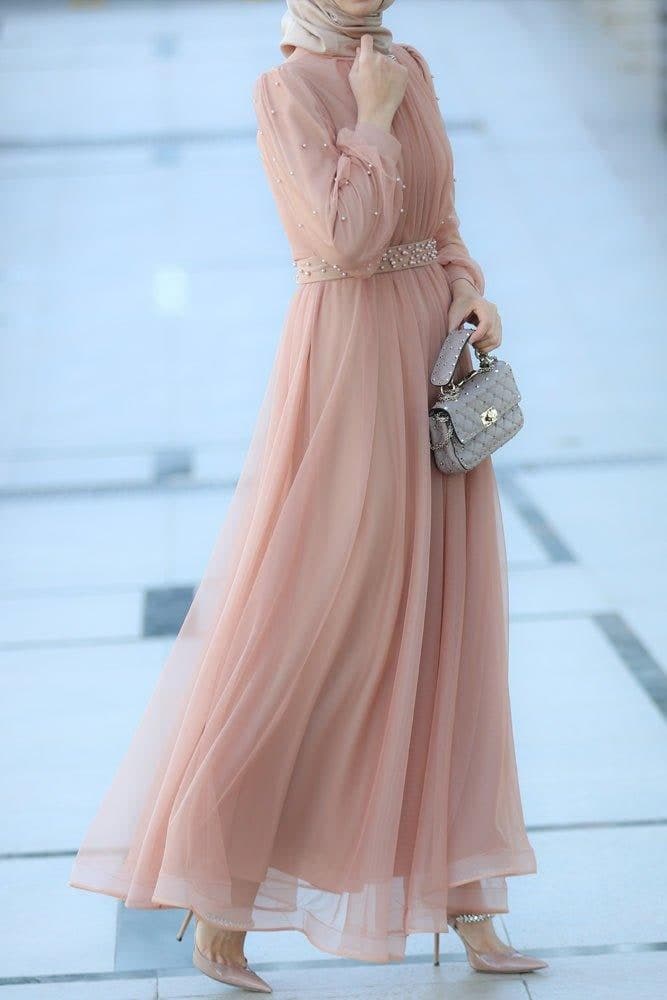 Amerie Maxi Tulle Dress with Long Sleeve in Beige in pink, view 4