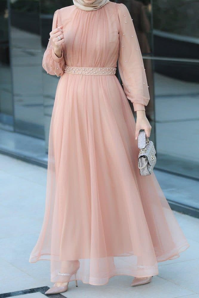 Amerie Maxi Tulle Dress with Long Sleeve in Beige in pink, view 8