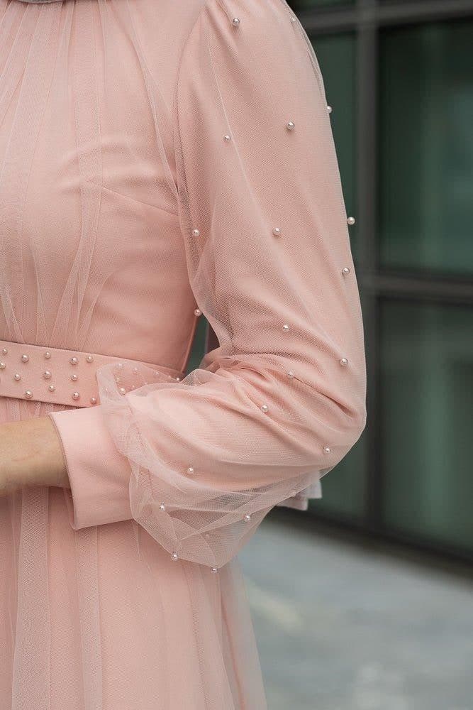 Amerie Maxi Tulle Dress with Long Sleeve in Beige in pink, view 13