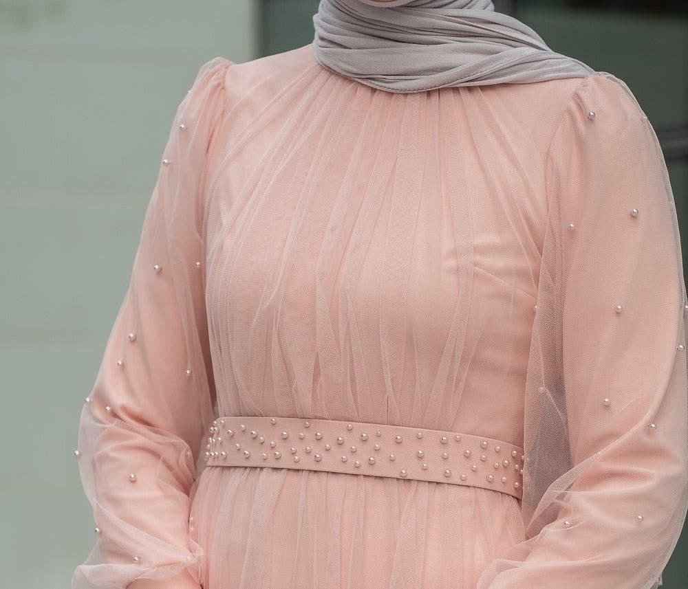 Amerie Maxi Tulle Dress with Long Sleeve in Beige in pink, view 15