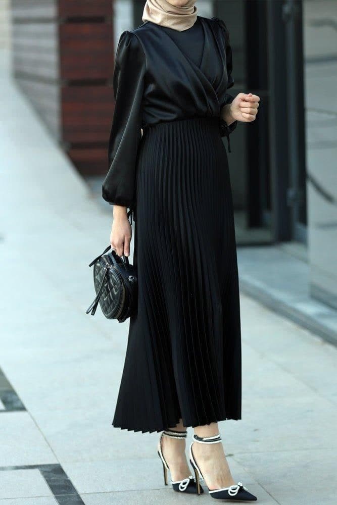 Abigal Satin Pleated Long Sleeve Maxi Dress with Wrap Waist in Black, view 6