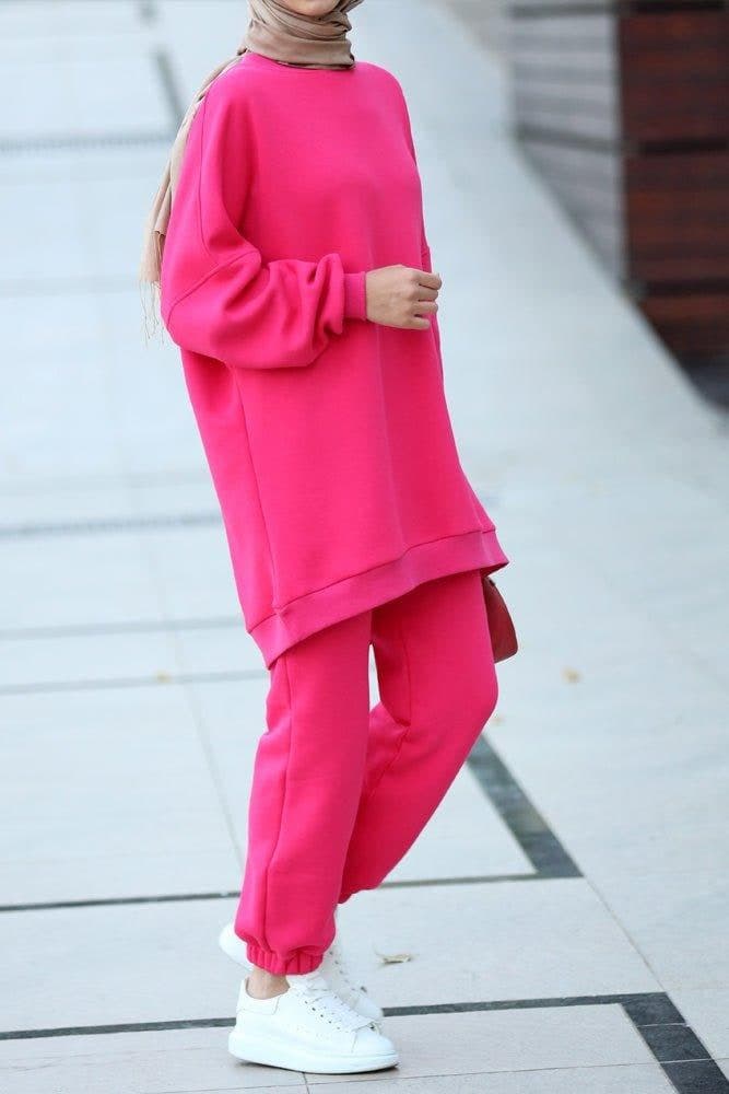 Fuchsia Pink Oversized Boxy Sweatshirt Set with Track Pants, view 5