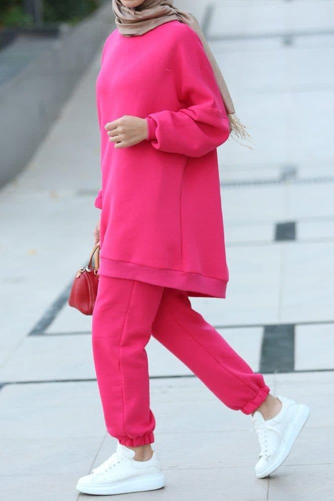 Fuchsia Pink Oversized Boxy Sweatshirt Set with Track Pants, view 4