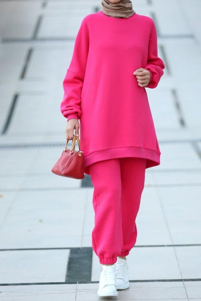 Fuchsia Pink Oversized Boxy Sweatshirt Set with Track Pants, view 6