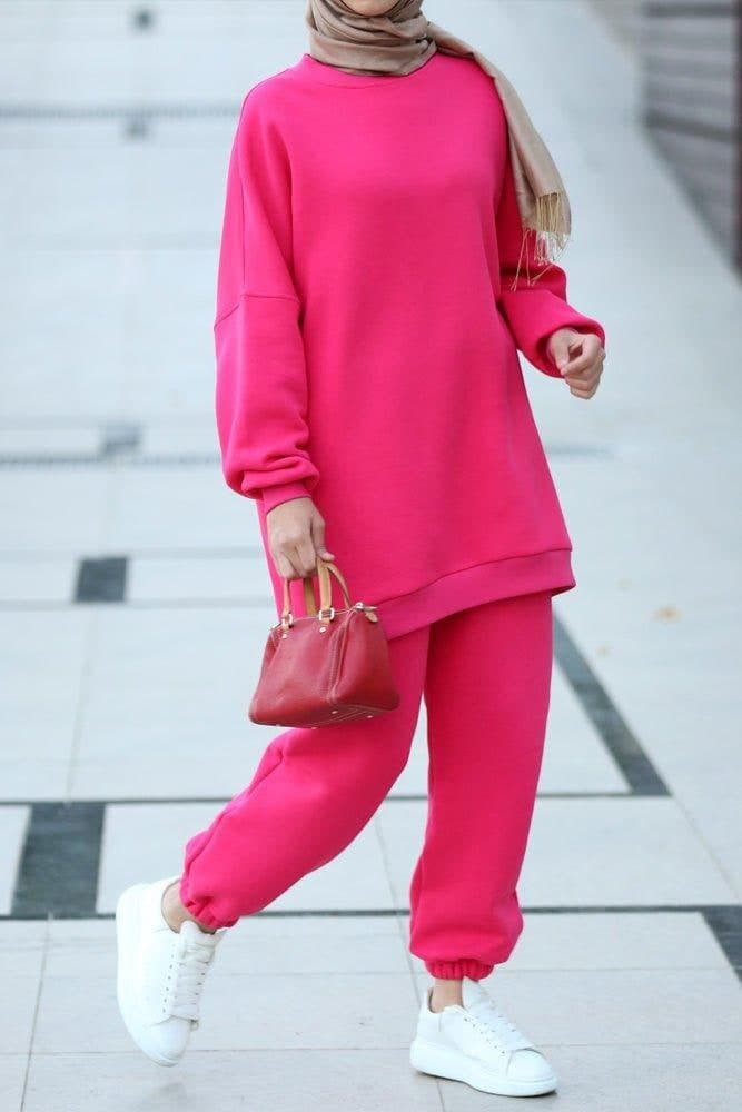 Fuchsia Pink Oversized Boxy Sweatshirt Set with Track Pants, view 7
