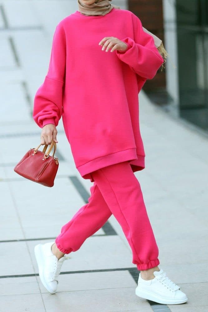 Fuchsia Pink Oversized Boxy Sweatshirt Set with Track Pants, view 3
