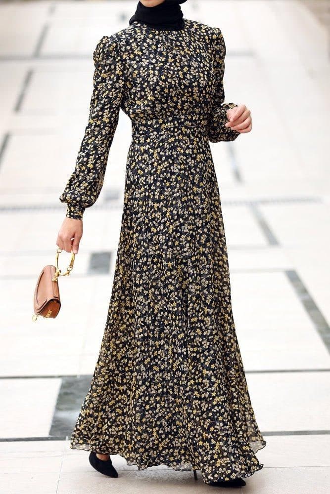 Luxury Viscose Pleated Chiffon Maxi Dress in Ditsy Florals Lined with Cotton in black, view 3