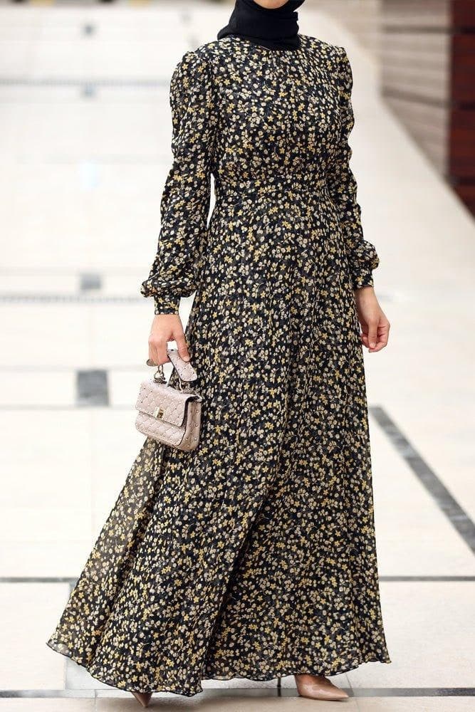 Luxury Viscose Pleated Chiffon Maxi Dress in Ditsy Florals Lined with Cotton in black, view 5