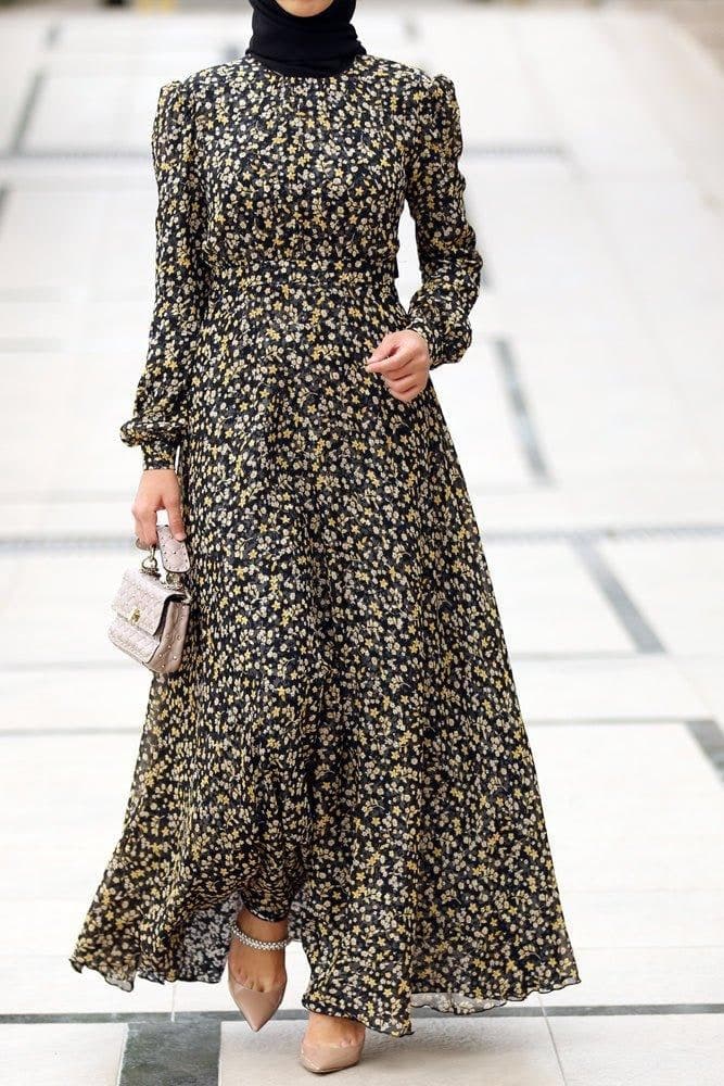 Luxury Viscose Pleated Chiffon Maxi Dress in Ditsy Florals Lined with Cotton in black, view 9