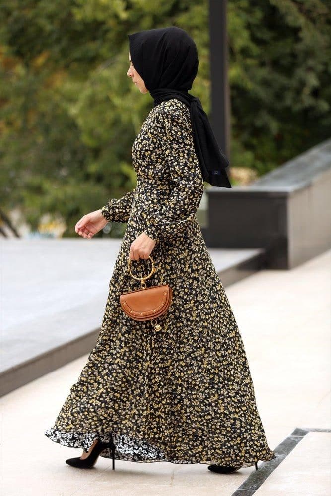 Luxury Viscose Pleated Chiffon Maxi Dress in Ditsy Florals Lined with Cotton in black, view 6
