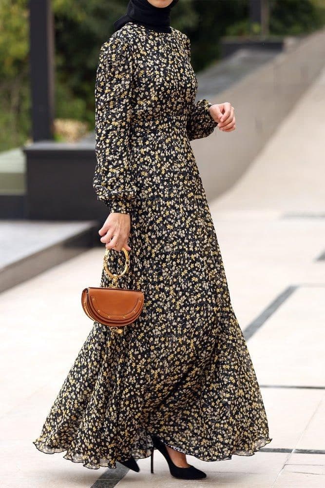 Luxury Viscose Pleated Chiffon Maxi Dress in Ditsy Florals Lined with Cotton in black, view 8