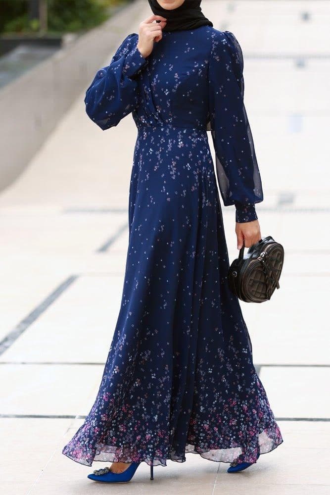 Firella viscose drape ruffle Maxi dress with baloon long sleeves in blue floral print