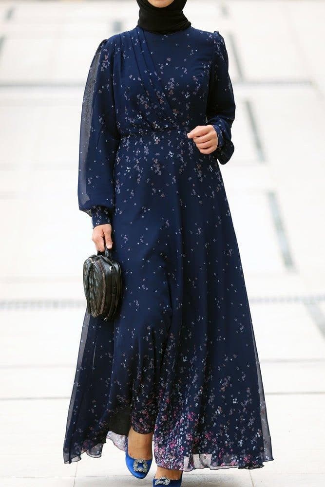 Firella Viscose Drape Ruffle Maxi Dress with Baloon Long Sleeves in Blue Floral Print, view 7