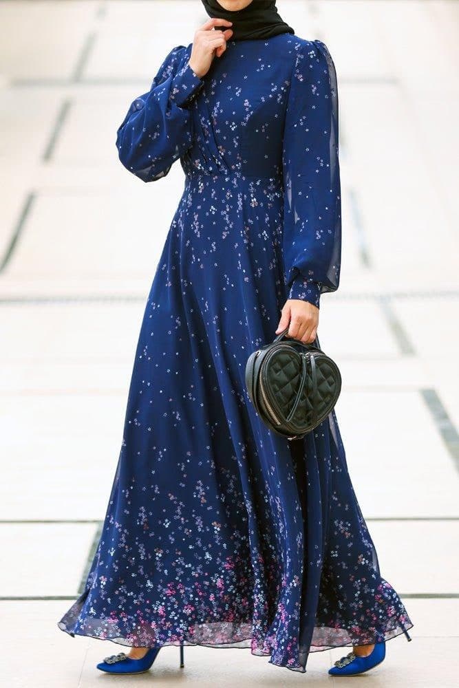 Firella Viscose Drape Ruffle Maxi Dress with Baloon Long Sleeves in Blue Floral Print, view 4