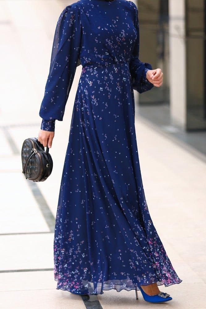 Firella Viscose Drape Ruffle Maxi Dress with Baloon Long Sleeves in Blue Floral Print, view 3