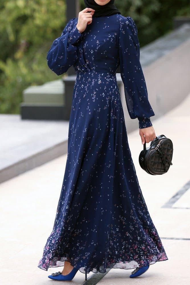 Firella Viscose Drape Ruffle Maxi Dress with Baloon Long Sleeves in Blue Floral Print, view 6