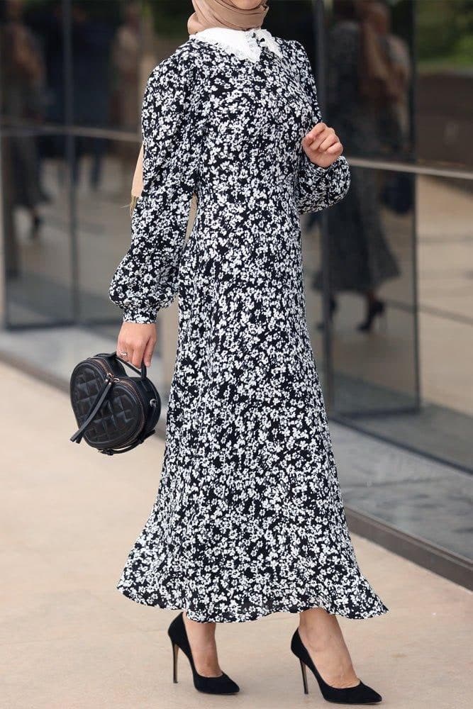 Lubna Long Sleeve Cotton Maxi Dress in Ditsy Floral in black, view 4