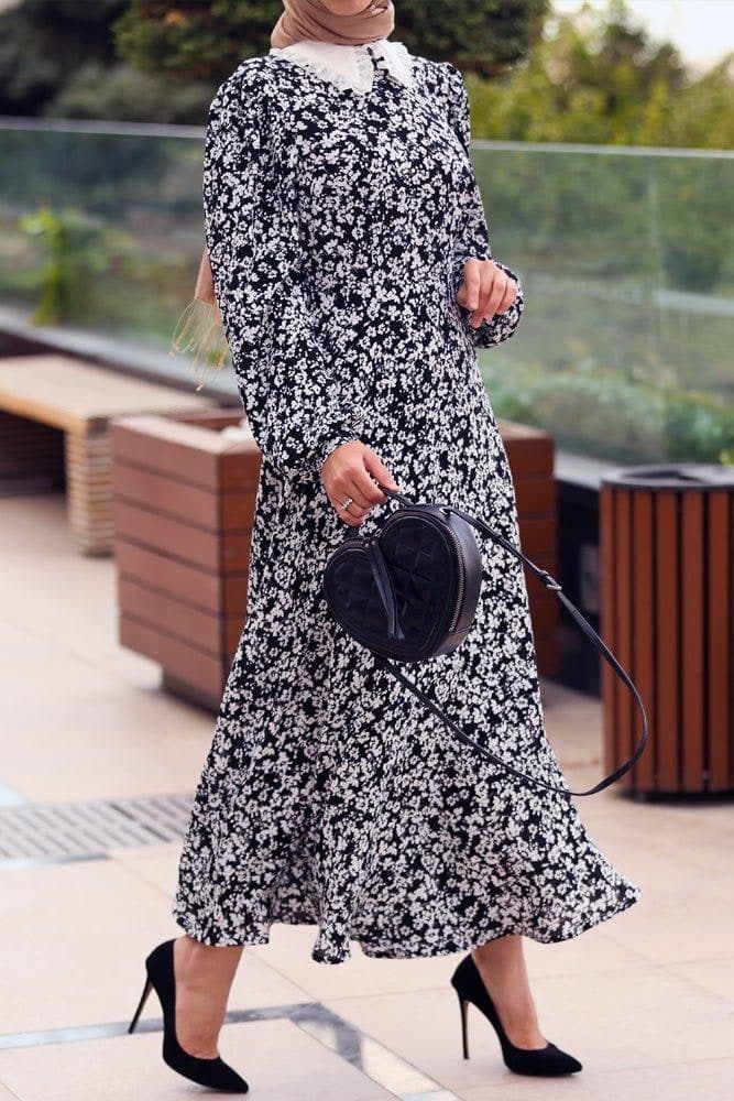 Lubna Long Sleeve Cotton Maxi Dress in Ditsy Floral in black, view 5