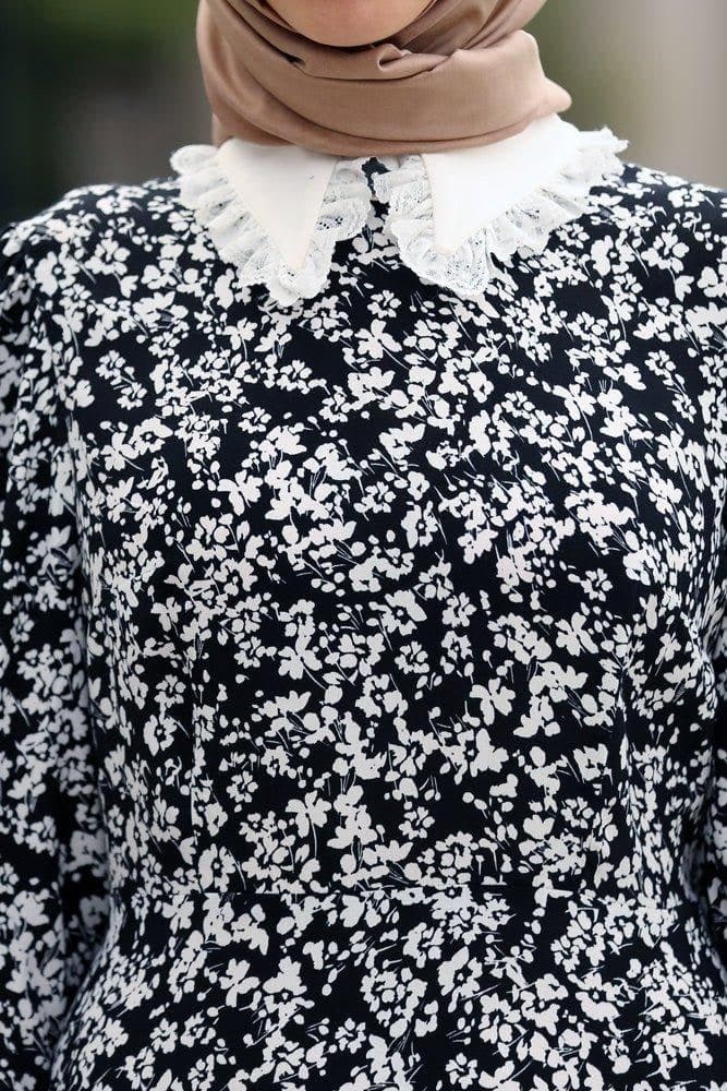 Lubna Long Sleeve Cotton Maxi Dress in Ditsy Floral in black, view 3