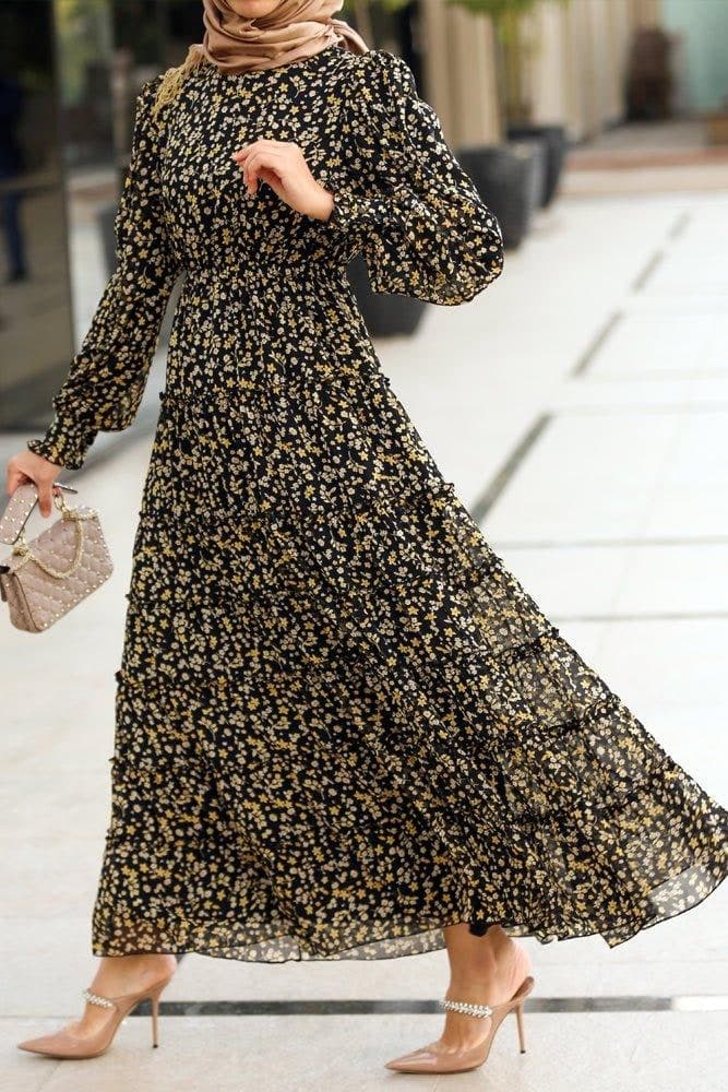 Eva shirred tiered maxi dress in yellow floral viscose chiffon - ANNAH HARIRI
