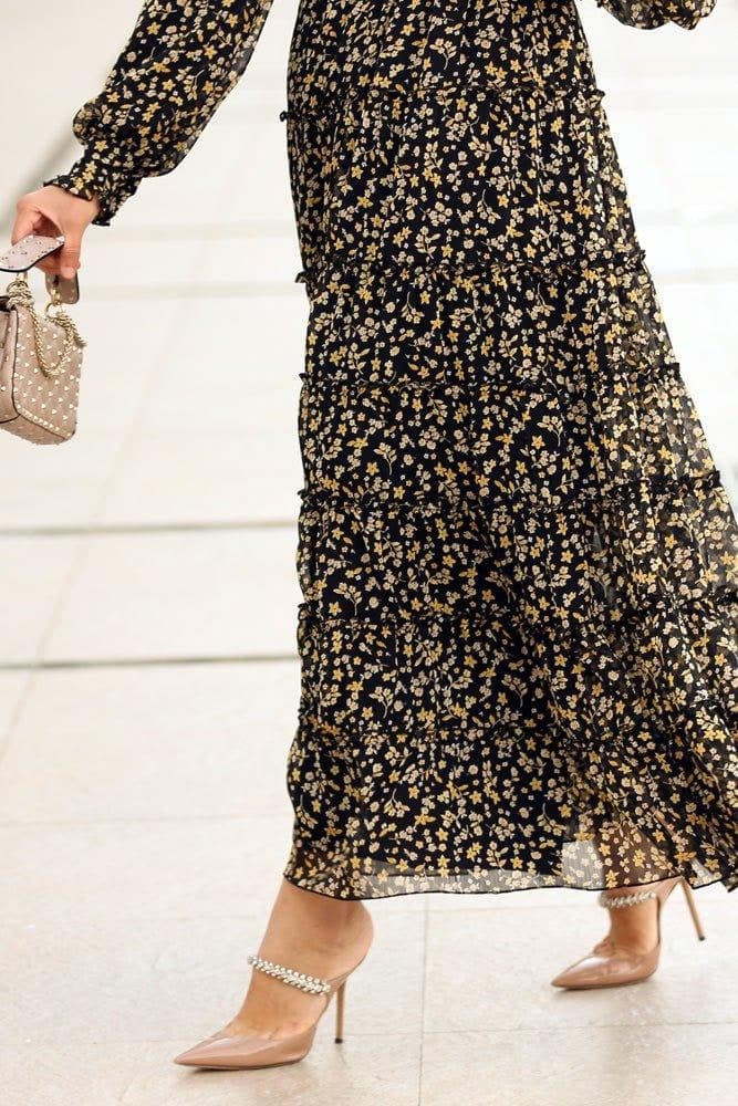 Eva shirred tiered maxi dress in yellow floral viscose chiffon - ANNAH HARIRI
