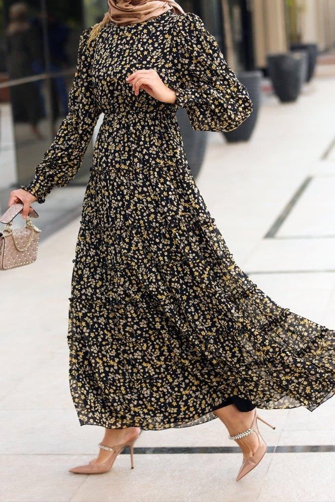 Eva shirred tiered maxi dress in yellow floral viscose chiffon - ANNAH HARIRI